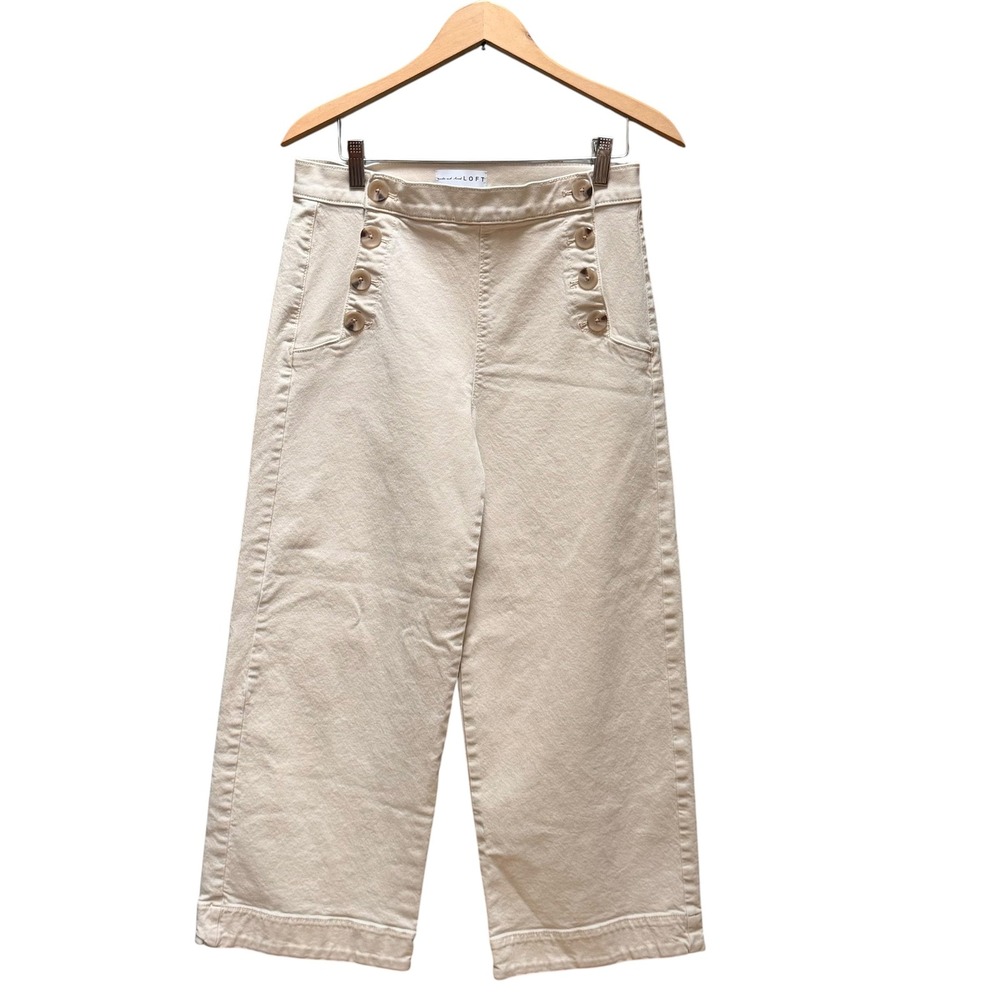 LOFT Pants Womens 4/27 Cream High Waist Wide Leg Sailor Button Cropped Denim